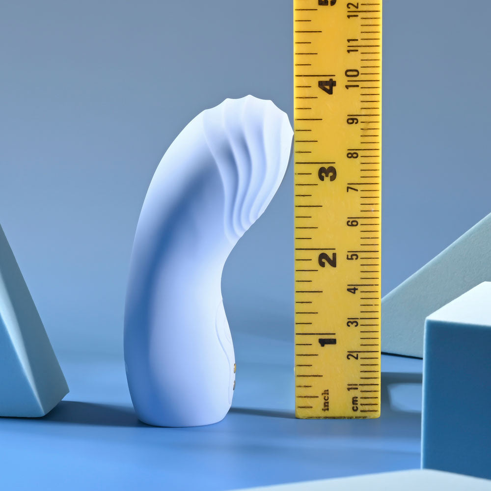Selopa GOOD POINT -  USB Rechargeable Hollow Vibrating Finger Stimulator next to a ruler for size reference.