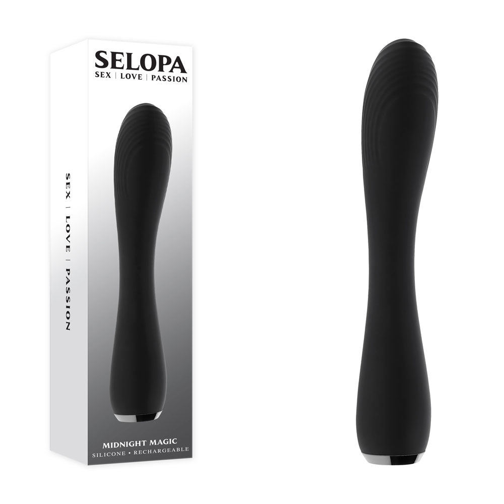 Selopa MIDNIGHT MAGIC -  20.2 cm USB Rechargeable Vibrator in sleek black design with elegant packaging.