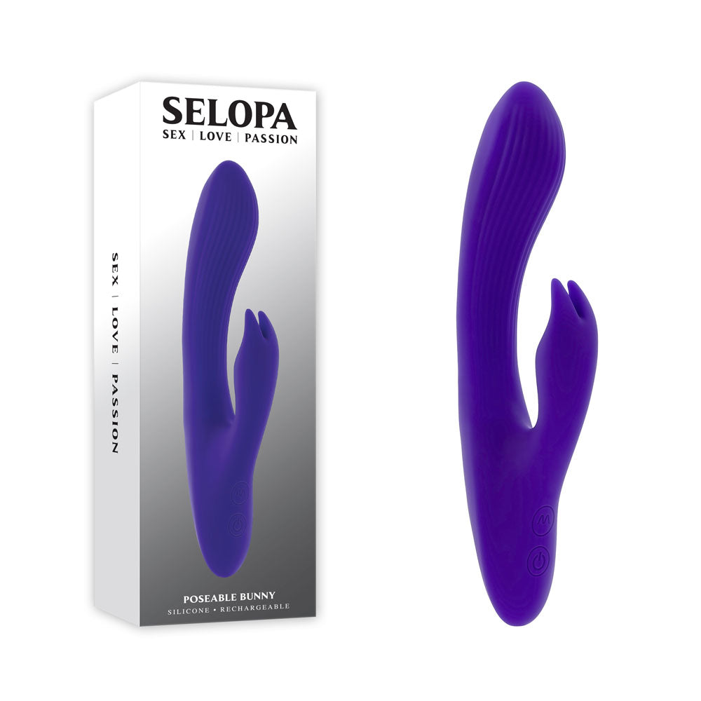 Selopa POSEABLE BUNNY - 21 cm USB Rechargeable Poseable Rabbit Vibrator beside its packaging.