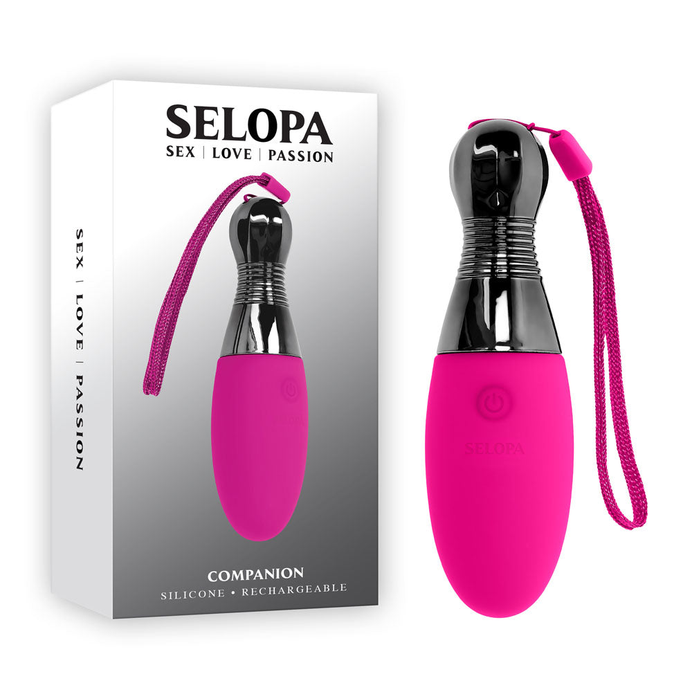 Selopa COMPANION - 11.9 cm USB Rechargeable Vibrating Egg in pink silicone with chrome finish, boxed.