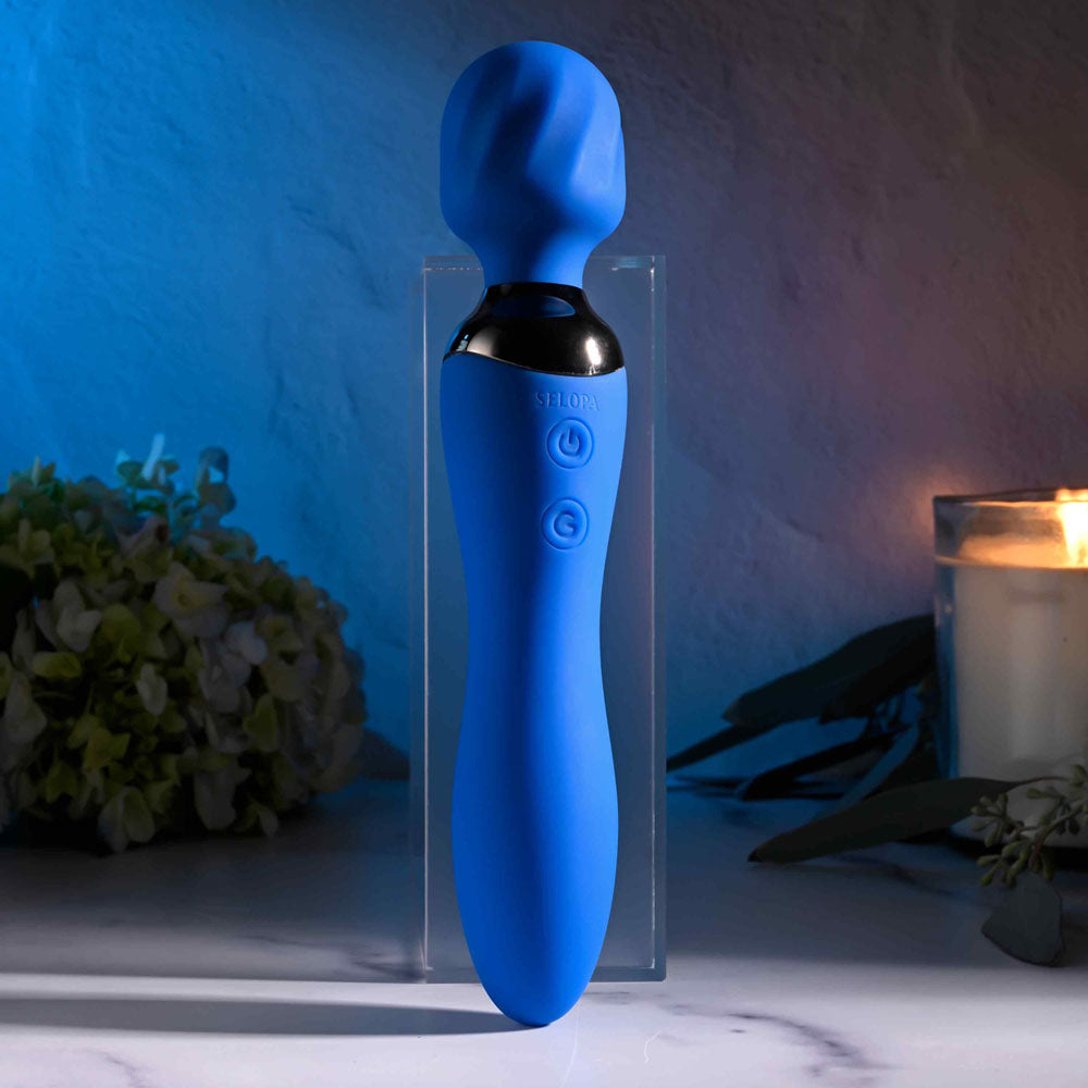 Selopa BELLE USB rechargeable massage wand in blue with textured head and buttons, stylish design for pleasure.