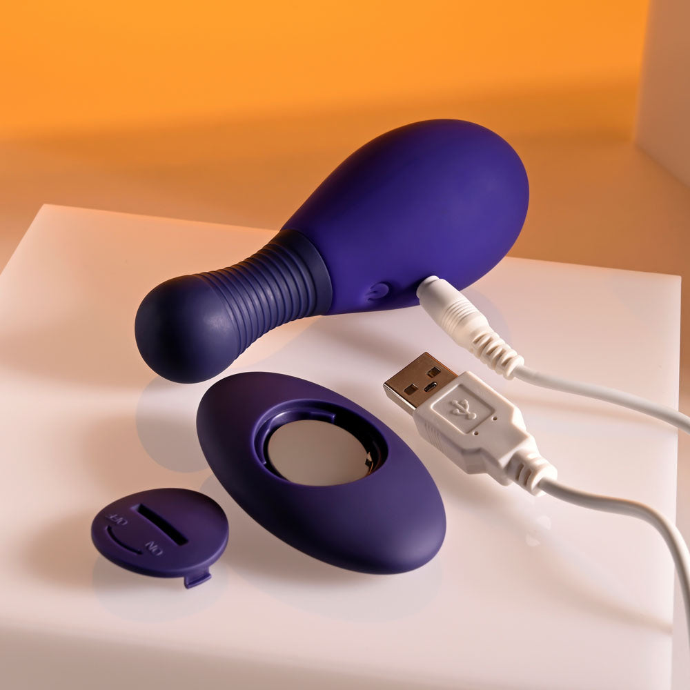 Selopa EGG ME ON -  10 cm USB Rechargeable Egg with Wireless Remote, featuring a vibrant purple design and USB connection.