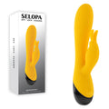 Selopa BUZZZ BUNNY - 19.7 cm USB Rechargeable Rabbit Vibrator in yellow with box, silicone material, and two motors.