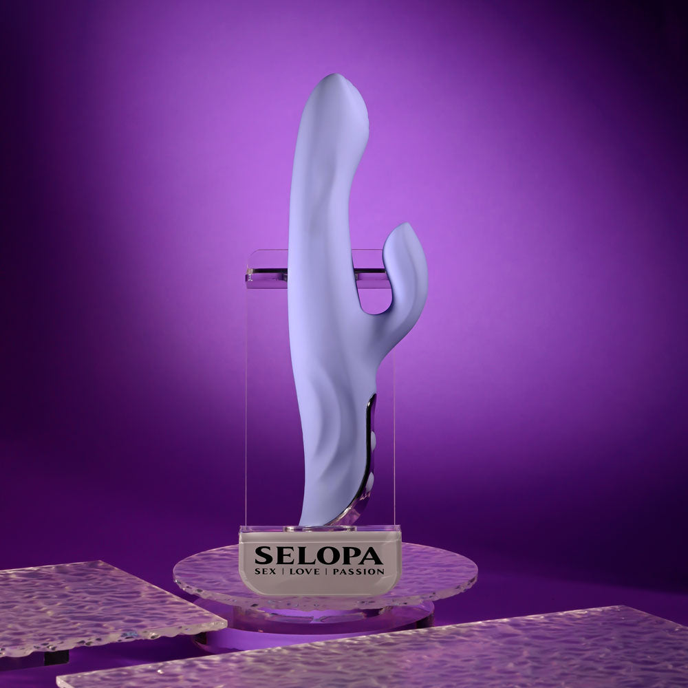 Evolved LAVENDER LOVE - 23.3 cm USB Rechargeable Rabbit Vibrator showcased on display with SELOPA branding.