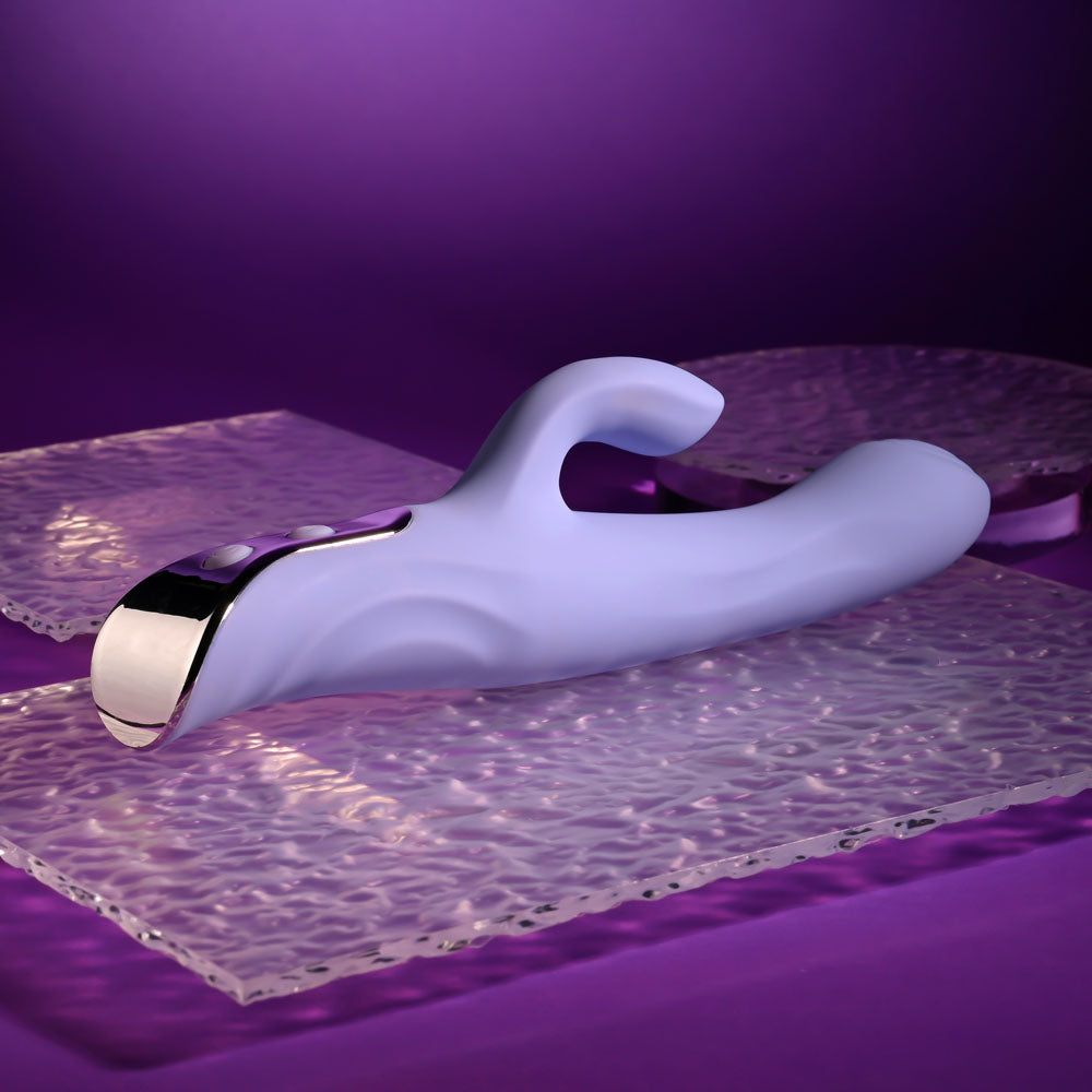 Evolved LAVENDER LOVE -  23.3 cm USB Rechargeable Rabbit Vibrator on textured glass surfaces.