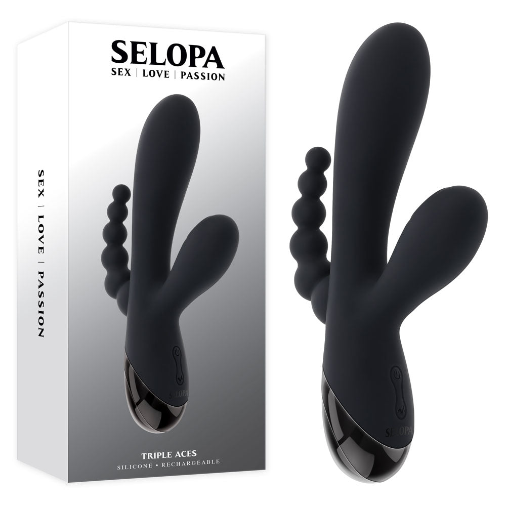 Selopa TRIPLE ACES - 19.7 cm USB Rechargeable Triple Stimulator Vibrator with sleek design and flexible anal beads.
