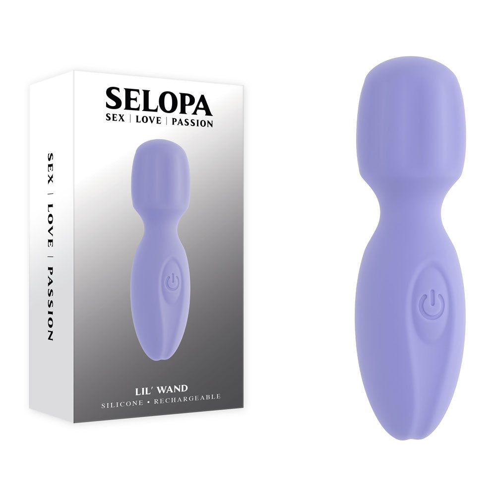 Selopa LIL' WAND -  11 cm USB Rechargeable Massage Wand in lavender, silicone, waterproof design with packaging.