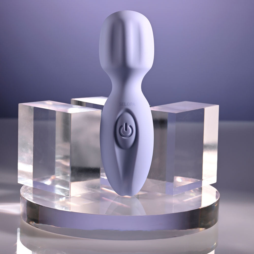 Selopa LIL' WAND -  11 cm USB Rechargeable Massage Wand on display with stylish crystal blocks.