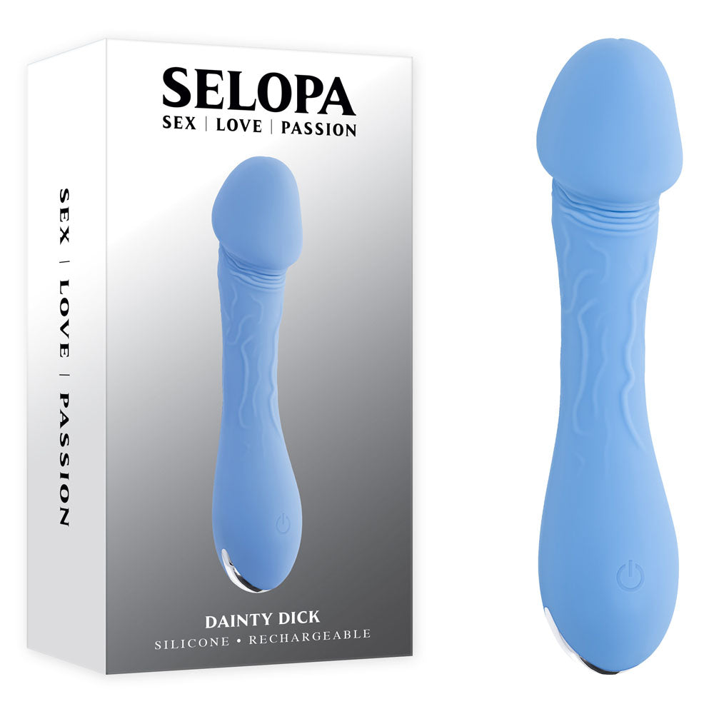 Selopa DAINTY DICK - Baby 11.9 cm USB Rechargeable Mini Vibrator in blue silicone packaging for intimate essentials.