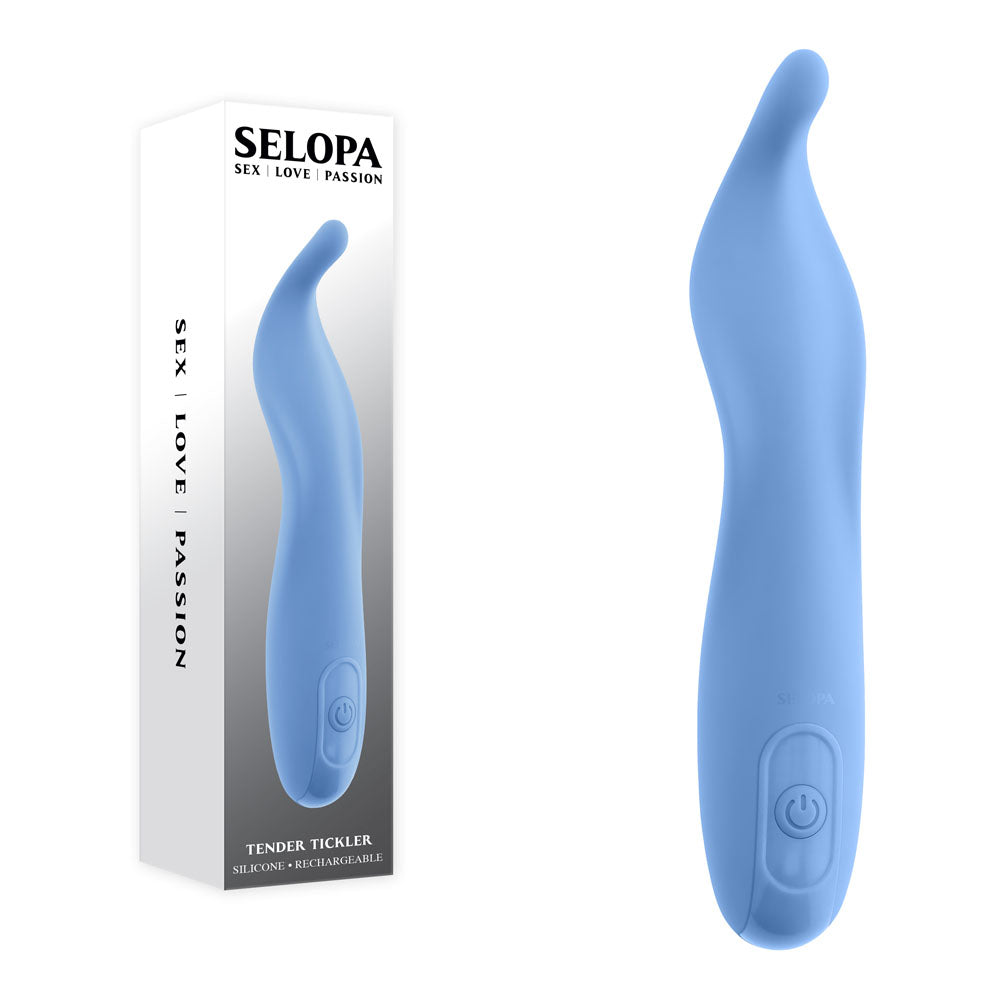 Selopa TENDER TICKLER - 16.2 cm USB Rechargeable Pinpoint Stimulator in blue with packaging.