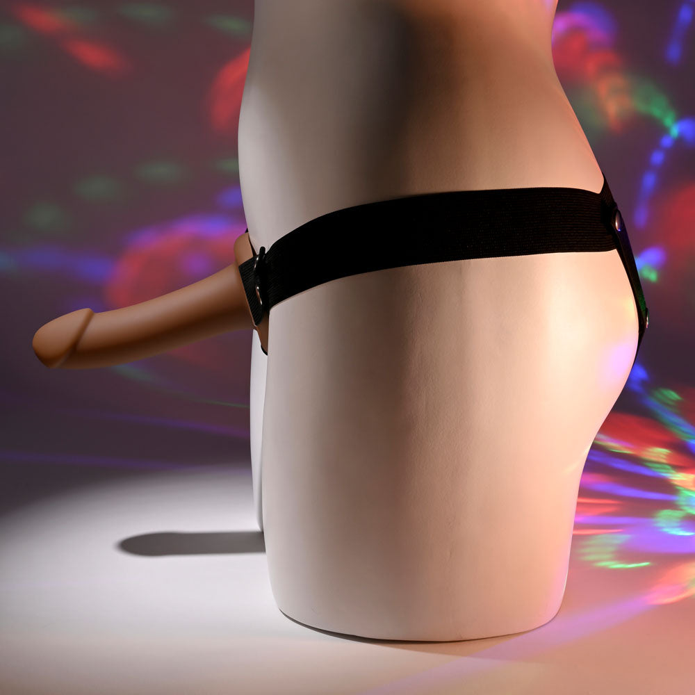 Selopa OUR FIRST HOLLOW STRAP ON DARK - 16.3 cm Hollow Strap-On displayed on a mannequin with colorful lights.