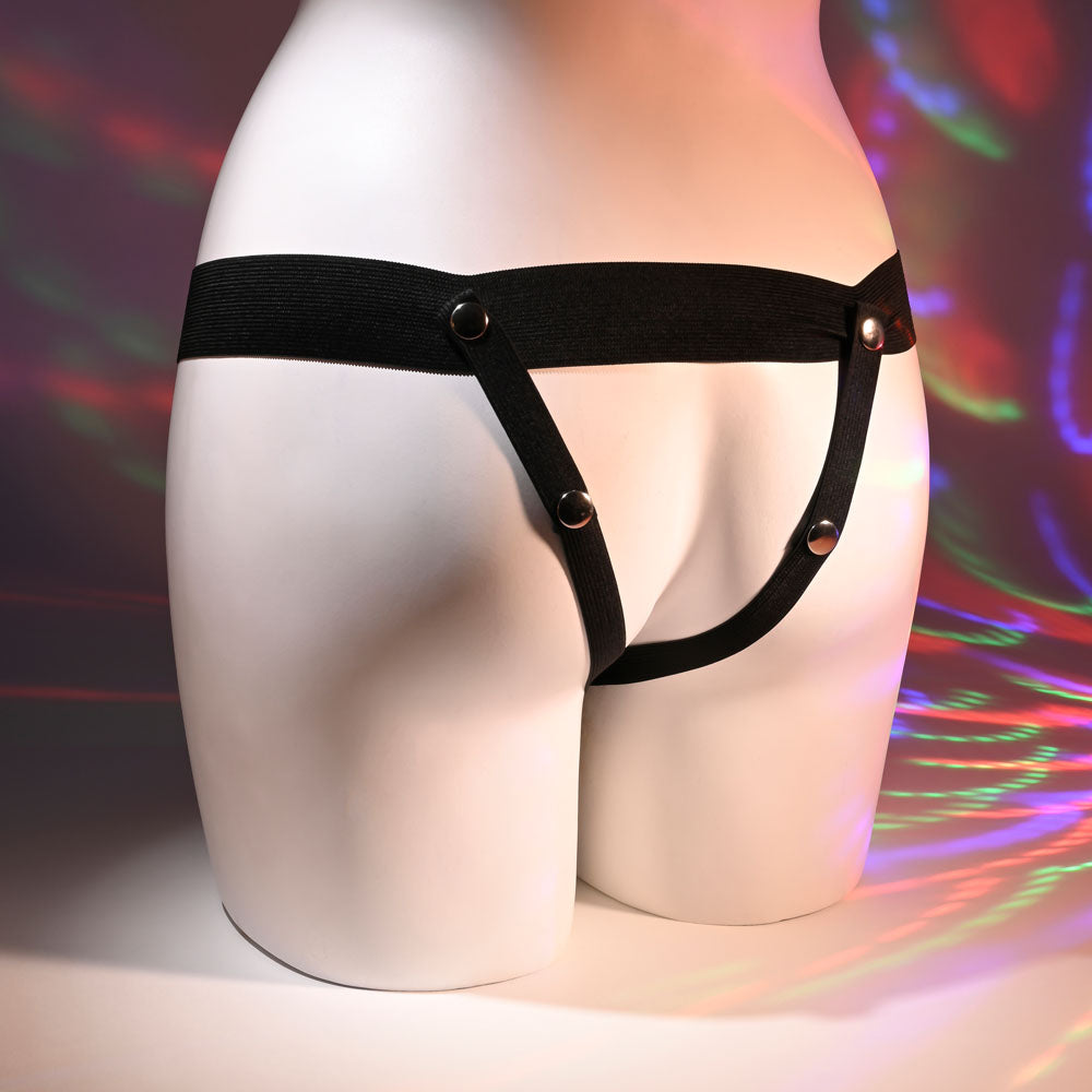 Selopa OUR FIRST HOLLOW STRAP ON DARK - 16.3 cm Hollow Strap-On harness with adjustable straps on mannequin.