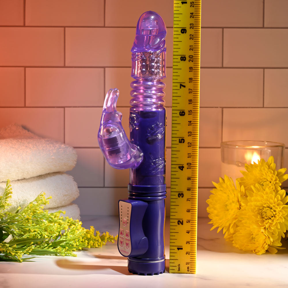 Selopa BUNNY THRUSTER - 24.8 cm Thrusting Rabbit Vibrator with measuring tape and decorative flowers.