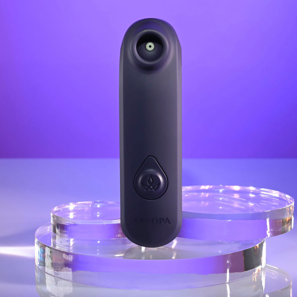 Selopa SURE THING -  Vibrating & Sucking Stimulator on a reflective surface with purple background.