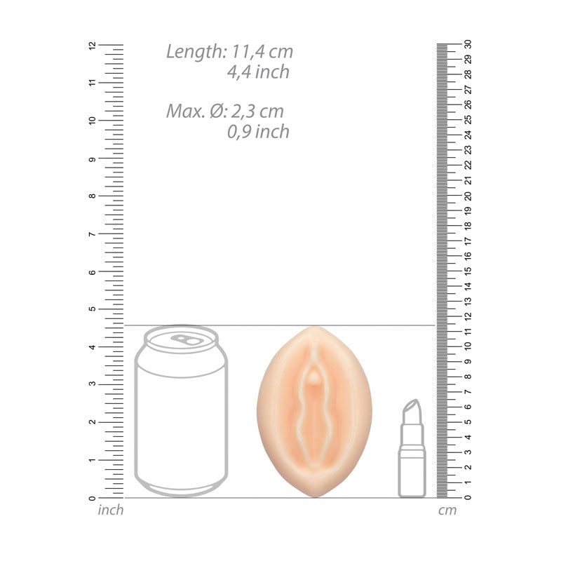 S-Line Pussy Soap -  Novelty Soap dimensions shown with a can and a lipstick container for scale.