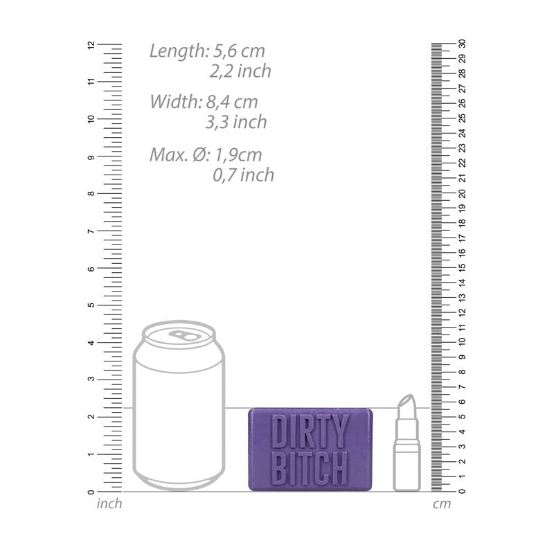 S-LINE Soap Bar - Dirty Bitch - Novelty Soap dimensions alongside a can and bottle for scale.