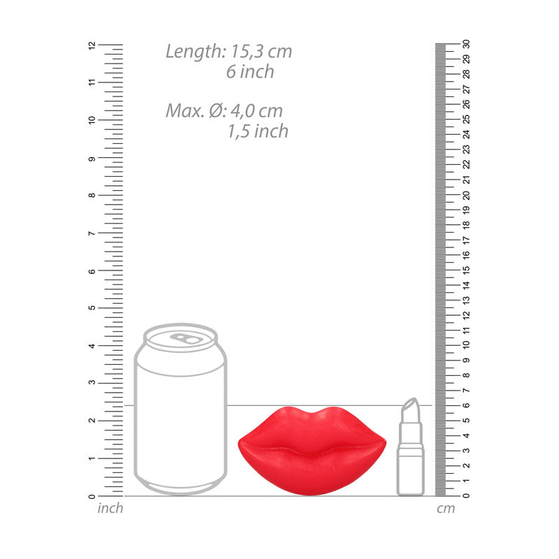 S-LINE Kiss Soap - Rose Scented Novelty Soap dimensions, showing size comparison with a can and lipstick.