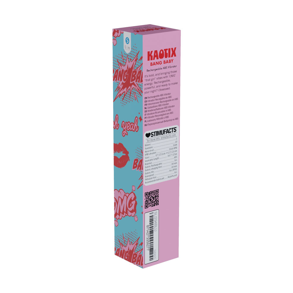S-LINE Kaotix Bang Baby -  17.8 cm USB Rechargeable Vibrator packaging featuring bold colors and vibrant graphics.