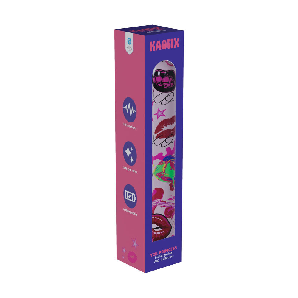S-LINE Kaotix Y2K Princess - Powder 17.8 cm USB Rechargeable Vibrator in colorful packaging with lips and stars design.