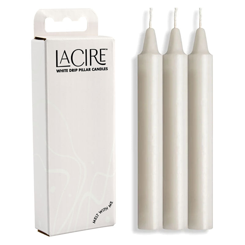 LaCire Drip Pillar Candles -  -  Drip Candles - Set of 3 in white packaging with three candles.