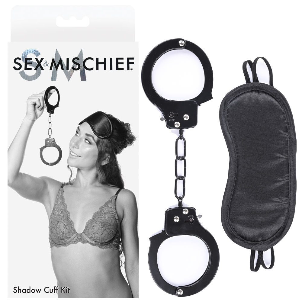 Sex & Mischief Shadow Cuff Kit -  - 2 Piece Set featuring model with handcuffs and blindfold for bondage play.