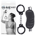 Sex & Mischief Shadow Cuff Kit -  - 2 Piece Set featuring model with handcuffs and blindfold for bondage play.