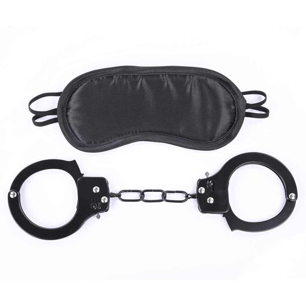 Sex & Mischief Shadow Cuff Kit -  - 2 Piece Set featuring metal handcuffs and a soft blindfold for bondage fun.