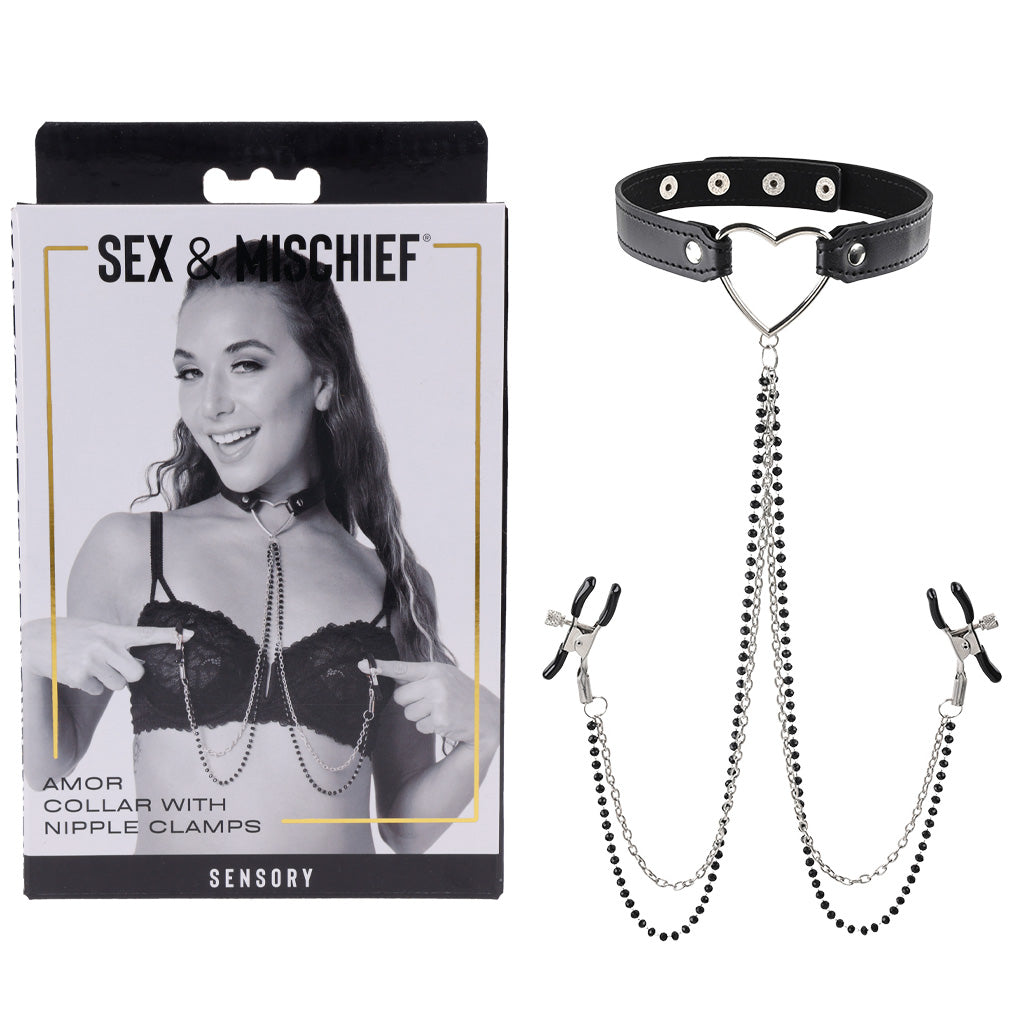 Sex & Mischief Amor Collar with Nipple Clamps - Metal Restraints in packaging with model wearing it