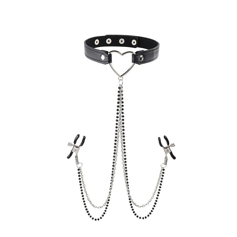 Sex & Mischief Amor Collar with Nipple Clamps - Metal Restraints displaying a heart choker and rubber-tipped clamps.