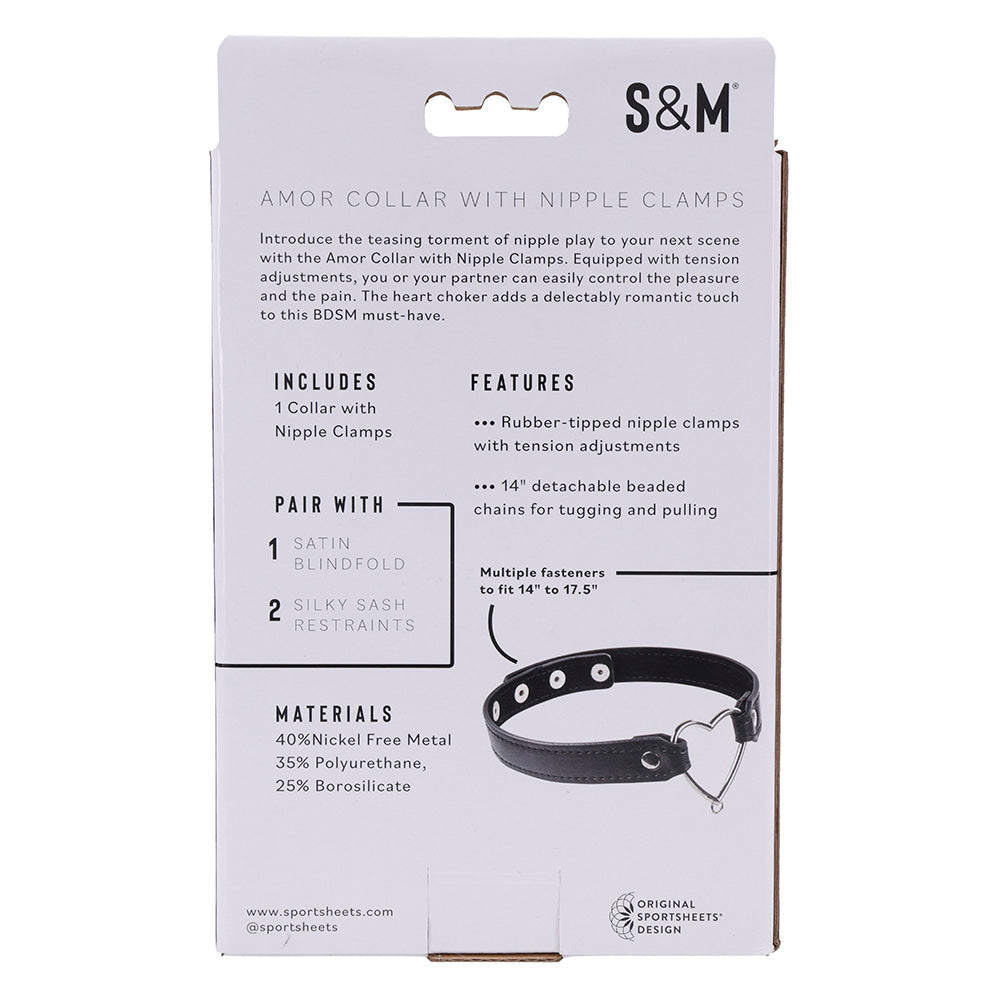 Sex & Mischief Amor Collar with Nipple Clamps - Metal Restraints packaging includes details on features and materials.