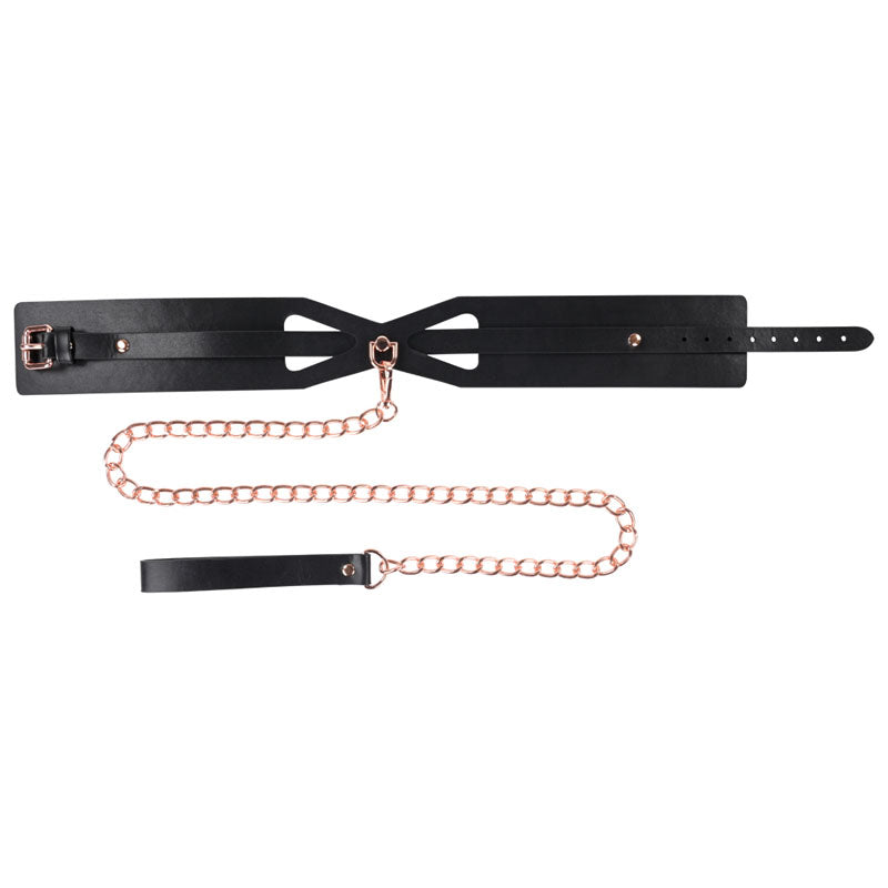 Sex & Mischief Brat Collar & Leash - /Black Restraint with corset cutouts and rose gold chain.