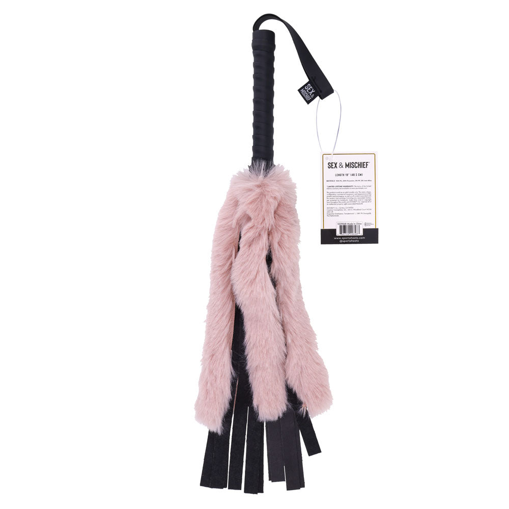 Sex & Mischief Brat Faux Fur Flogger - 50 cm Whip with Pink Faux Feather featuring a stylish rose gold handle.