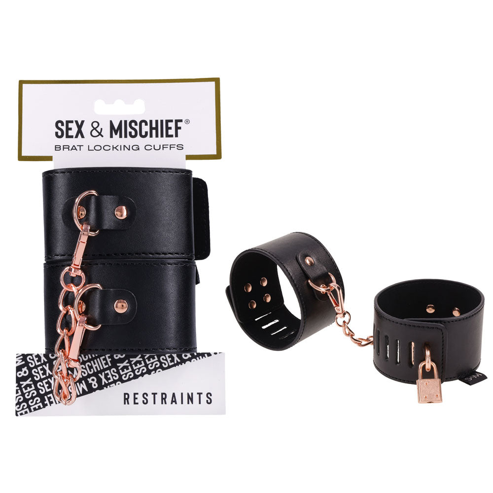 Sex & Mischief Brat Locking Cuffs - /Rose Gold Hand Cuffs with chain and vegan leather design for playful restraint.