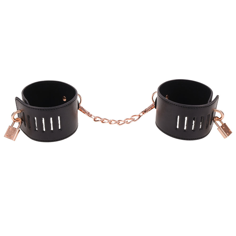 Sex & Mischief Brat Locking Cuffs - /Rose Gold Hand Cuffs made with black vegan leather and rose gold accents.
