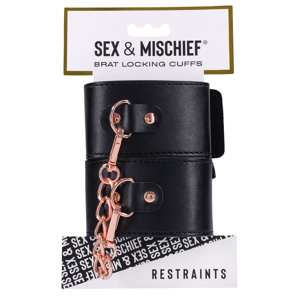 Sex & Mischief Brat Locking Cuffs - /Rose Gold Hand Cuffs with black vegan leather and rose gold accents for intimate play.