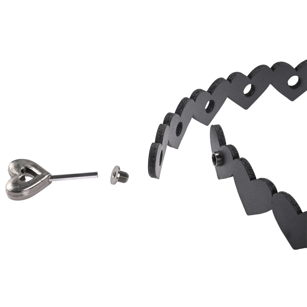 Sex & Mischief Heart Day Collar -  Collar showcasing a heart-themed faux leather choker with a locking mechanism.