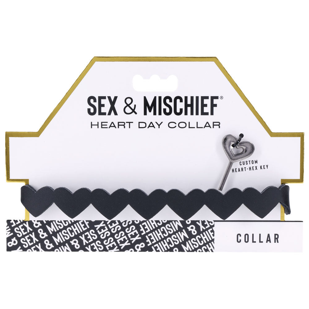 Sex & Mischief Heart Day Collar -  Collar showcasing a faux leather design with connected hearts, perfect for intimate essentials.