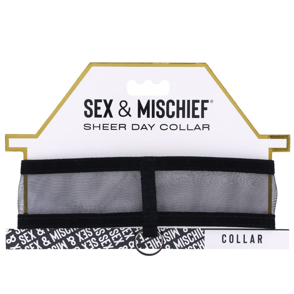 Sex & Mischief Sheer Day Collar -  Collar displayed on packaging with black and gold design, perfect for adding allure.