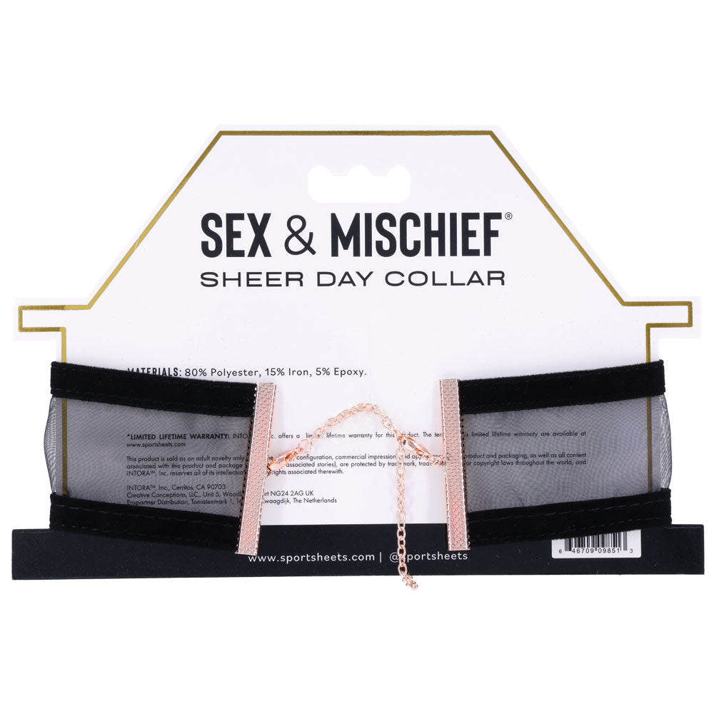 Sex & Mischief Sheer Day Collar - Collar on its packaging, featuring black and gold design with a velvet ribbon.