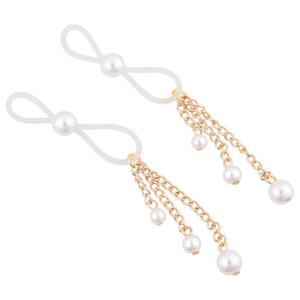 Sex & Mischief Pearl Nipple Ties - Gold/Pearl Nipple Restraints - Set of 2 with elegant pearls and clear ties.