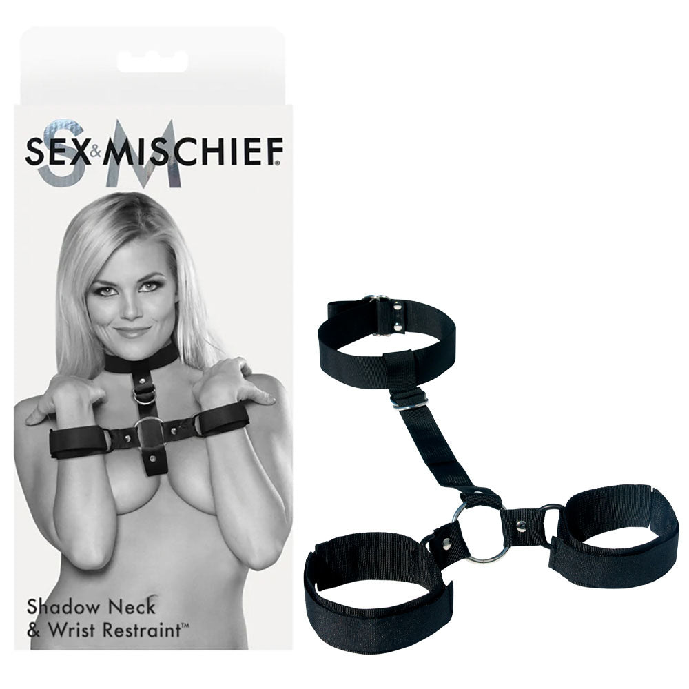 Sex & Mischief Shadow Neck and Wrist Restraint - Restraints displayed with packaging and product details.