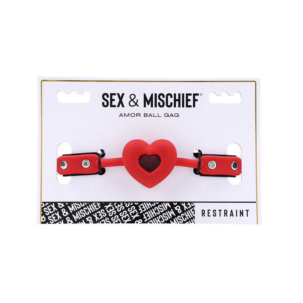 Sex & Mischief Amor Ball Gag - /Black Mouth Restraint in red heart-shaped design, perfect for BDSM beginners.