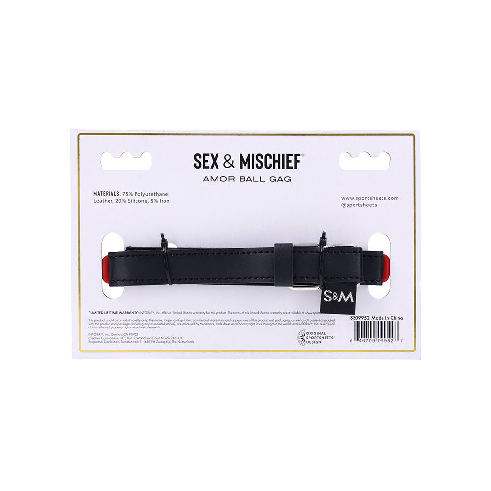 Sex & Mischief Amor Ball Gag - /Black Mouth Restraint packaging showing materials and features for BDSM enthusiasts.