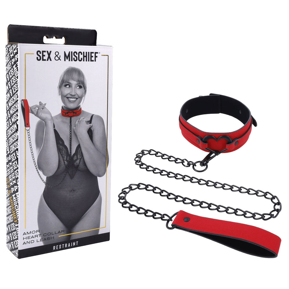 Sex & Mischief Amor Collar and Leash - Restraint with red vegan leather and chain, perfect for intimate essentials.
