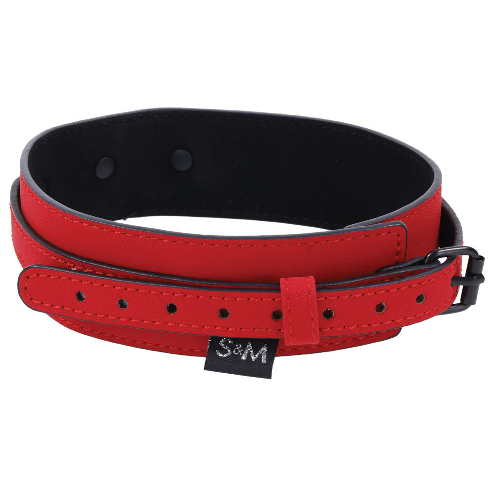 Sex & Mischief Amor Collar and Leash -  Restraint in vibrant red vegan leather with buckle closure for intimate essentials.