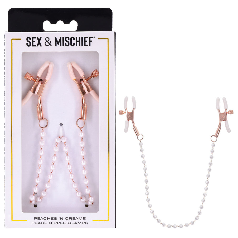 Sex & Mischief Peaches n CreaMe Pearl Nipple Clamps - Peach Nipple Restraints with rose gold and pearl accents.
