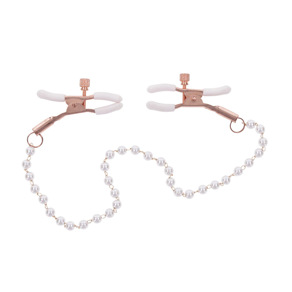 Sex & Mischief Peaches n CreaMe Pearl Nipple Clamps - Peach Nipple Restraints with rose gold and pearl accents.