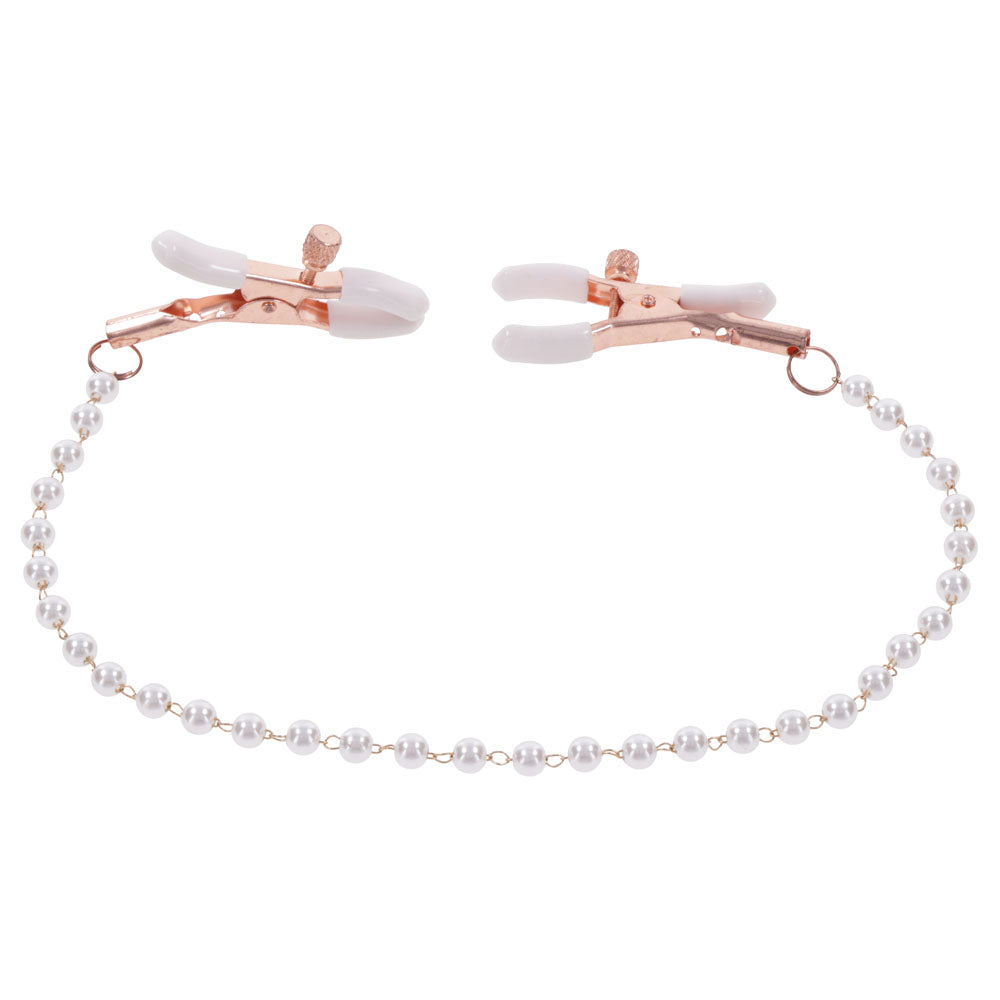 Sex & Mischief Peaches n CreaMe Pearl Nipple Clamps - Peach Nipple Restraints with pearl accents and rose gold finish.
