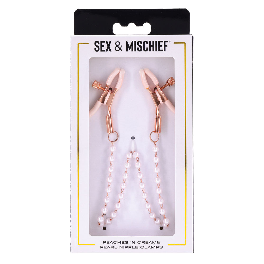 Sex & Mischief Peaches n CreaMe Pearl Nipple Clamps - Peach Nipple Restraints in elegant packaging with pearl accents.