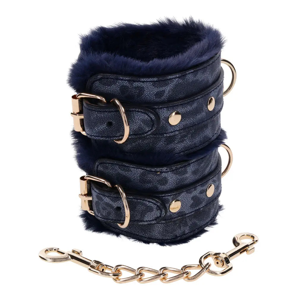 Sex & Mischief Cougar Fur Handcuffs - Navy /Gold Furry Restraints Sportsheets Discreet Intimate Essentials.